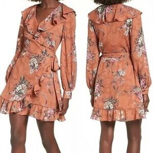 Leith Long Sleeve Capey Wrap Dress Rose Brown Floral Size L